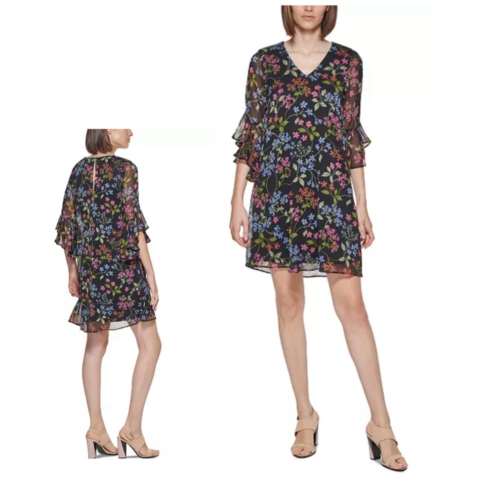 Calvin Klein Women's 3/4 Sleeve Floral Printed Chiffon Dress Size 8